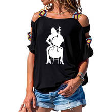 Camiseta feminina larga de algodão contra violoncelo, camiseta feminina estampada manga curta com ombro vazado 2024 - compre barato