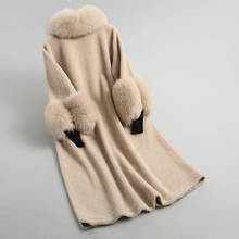 Casaco de lã real feminino longo quente casaco de inverno jaqueta de pele de raposa natural gola outwear 2020 18120 2024 - compre barato