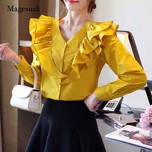 Solid Color French Elegant Tops Fashion Women Buckle All-match Chiffon Blouse Autumn New Long Sleeve V-neck Ruffle Blouse 11129 2024 - buy cheap