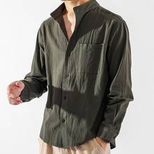 Shirts Men Solid Color Pocket Stand Collar Buttons Shirt Top Cotton Linen Loose Coat Men's Clothing 2021 2024 - buy cheap