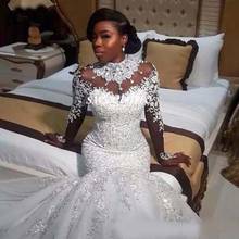 Luxury African White Mermaid Wedding Dresses Arabic Plus Size Lace Bridal Gowns Pearls Long Sleeve Wedding Dress Robe De Mariee 2024 - buy cheap