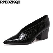 Black Thick Chunky Patent Leather Size 4 34 Medium Heels Luxury Shoes Women Designers Casual Pointed Toe Pumps Snakeskin Slip On 2024 - buy cheap