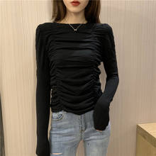 Round Collar Solid Full Sleeve Cropped Sweaters Pullovers Girls Chic Wrinkled Slim Sweater crop Top For Woman 2024 - buy cheap