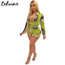 Echoine Sexy Leopard Print Short Jumpsuit Blouses Top V Neck Flare Long Sleeve Skinny Waist Shorts Romper Office Party Playsuit 2024 - buy cheap