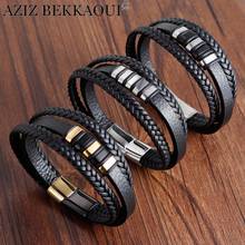 AZIZ BEKKAOUI 3 Layers Black Gold Punk Style Design Genuine Leather Bracelet For Men Steel Magnetic Button For Man Birthday Gift 2024 - buy cheap