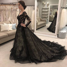 Precioso vestido de noche negro de línea A, con cuello en V, manga larga, cola de la campana, vestidos de graduación, apliques de encaje, vestidos de fiesta para niña hechos a medida 2024 - compra barato