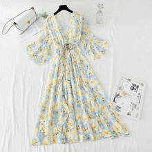 Vintage Floral Print Female Dress summer V-neck Short sleeve Slim elastic waist Women Chiffon long Dress 2024 - buy cheap