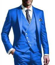 Three Pieces Men suits Notched Lable Blue Groomsuit Blazer One Button Formal Business Suits Tuxedo (Blazer+vest+Pant) 2024 - buy cheap