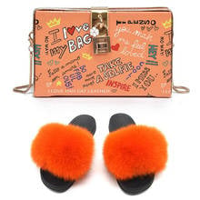 Women Shoes2020 Luxury Furry Sandals And Bags Real Fox Fur Slides And Handbags Extra Fluffy Comfortable Slippers With Purse Sets 2024 - buy cheap