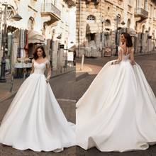 2020 Lace Wedding Dresses Long Sleeves Appliques Satin Beach Bridal Gowns Custom Made Button Back Sweep Train Wedding Dress 2024 - buy cheap