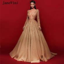 Janevini 2020 luxo champanhe dubai árabe manga longa vestidos de noite com decote em v strass brilhante frisado uma linha tule vestidos formais 2024 - compre barato