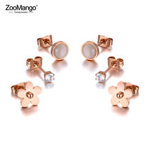 ZooMango-pendientes de acero inoxidable para mujer y niña, aretes con diamantes de imitación y flores de titanio, joyería, 3 par/set, aretes de cristal CZ, ZE20039 2024 - compra barato