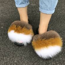 New Summer Ladies Colorful Fluffy Fur Slippers Girl Lovely Plush Real Fox Fur Flip Flops Party Furry Slides Women's Sandals Hot 2024 - buy cheap