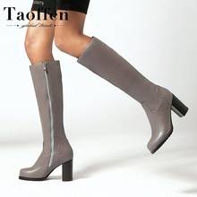 Taoffen mulheres retro joelho botas altas inverno quente zíper marca cavaleiro botas de salto alto moda escritório sapatos femininos tamanho 34-43 2024 - compre barato