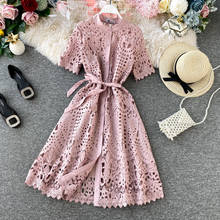 Women Office Lady Dress Summer New Solid O-Neck Sashes Empire Hollow Out Midi Slim Sweet Chic Female Fashion Dresses 2024 - buy cheap