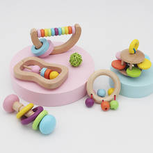 5 pçs/pçs/set chocalhos de madeira agarrar jogo dentição brinquedo infantil início musical brinquedo educativo para acessórios do bebê recém-nascido 2024 - compre barato