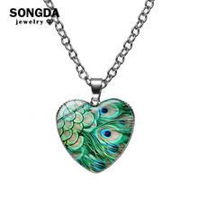 Peacock Feather Ethnic Green Heart Necklace Collection Handmade Art Photo Glass Cabochon Necklaces Pendants Boho Jewelry 2024 - buy cheap