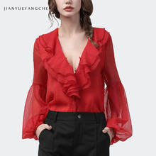 Women' Long Lantern Sleeve Red Chiffon Blouse Ruffle Tops Loose Plus Size 2021 Spring Summer New Female Casual Office Blouses 2024 - buy cheap
