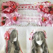 Soft Girl Red Plaid Bow Lace Strawberry Hair Band Japanese Party Princess Hair Ornaments Sweet lolita Headdress Hairpin Cosplay 2024 - buy cheap