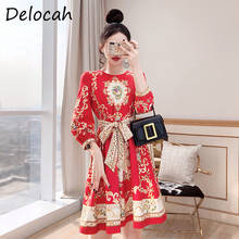 Delocah New 2021 Women Summer Fashion Runway Party A-Line Dress Sashes Crystal Beading 3/4 Sleeve Vintage Print Short Dresses 2024 - buy cheap