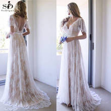 Champagne Boho Wedding Dresses 2020 Short Sleeves V Neck Lace Applique Backless Bridal Dress Beach Wedding Gowns robe de mariee 2024 - buy cheap