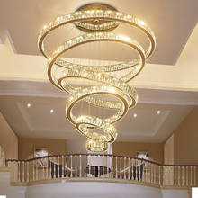 Lustre de cristal luxuoso com escada, grande, moderno, design em anel, lâmpada led, longo, casa de campo, sala de estar, luminária pendente dourada 2024 - compre barato