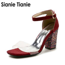 Sianie Tianie/летние блестящие женские туфли на высоком каблуке с блестками; Прозрачные женские босоножки из ПВХ с открытым носком и пряжкой на ремешке; 2020 2024 - купить недорого