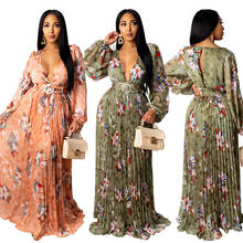 Long Sleeve Dress Wholesale Items Sexy V Neck Waistband Bohemia Style Print Elegant Women Clothing Maxi Dresses Dropshipping 2024 - buy cheap