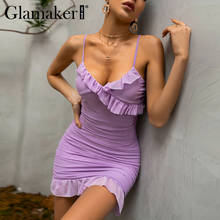 Glamaker-Vestido corto de verano sin mangas para mujer, traje sexy ajustado de malla púrpura, con volantes, a la moda 2024 - compra barato