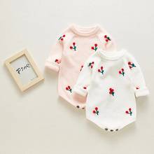 Baby Cherry Outfit 2021 Newborn Pink Sweet Long Sleeve Romper Knitted Wool Jumpsuits Baby Girl Floral Outfit Clothes Ins Style 2024 - buy cheap