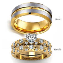 Anel masculino dourado da moda, anel feminino de zircônia em forma de coração, conjunto de joias de casamento e noivado, acessórios de moda 2024 - compre barato