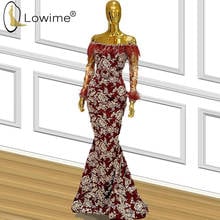 Dubai Burgundy Boat Neck Long Sleeve Mermaid Evening Dresses Feathers Applique Floor Length Formal Women Dress Robe De Soiree 2024 - buy cheap