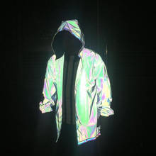 Gabardina masculina colorida reflexiva, casaco longo com capuz, jaqueta, hip hop, dança de rua, boate, dj, palco, fantasia, dropshipping 2024 - compre barato