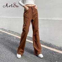Сезоны коричневый повседневные Прямые джинсы для женщин, с модным карманом длинные джинсовые брюки, Капри зауженные винтажные брюки уличная ASPA82495 2024 - купить недорого