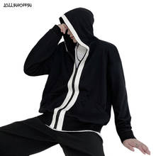 Streetwear homem preto hoodies com listras brancas solto ajuste 2020 novo hip hop moletom com capuz masculino zip up hoody 2024 - compre barato