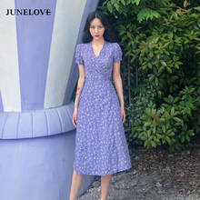 JuneLove-vestido Midi con estampado de lavanda púrpura para mujer, Túnica de manga corta con cuello en V, estilo bohemio, FRANCÉS 2024 - compra barato