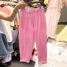 Calças largas femininas listradas, casuais, de cintura alta, finas, fashion 2024 - compre barato