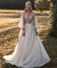 Vestido de novia bohemio, línea A, manga larga, transparente, blanco y marfil, con apliques de encaje, 2021 2024 - compra barato