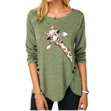 Cute Giraffe Print Long Sleeve Casual Cotton T-shirts Women New Spring Autumn Irregular Button T shirt Plus Size 3XL 4XL 5XL Top 2024 - buy cheap