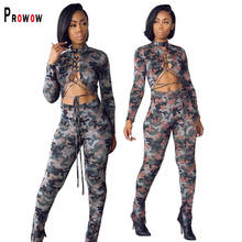 Conjunto de dos piezas a juego para mujer, Tops cortos de vendaje, pantalones largos de cintura alta, trajes de camuflaje sexys para mujer, novedad de primavera y otoño 2021 2024 - compra barato