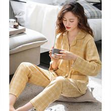 Conjuntos de pijamas femininos de algodão e primavera, pijama de manga comprida com virado para baixo, roupas de dormir para casa 2024 - compre barato