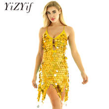 Womens Latin Dress Sequins Shiny Glitter Haltered V-Neck Backless Dance Dress Latin rumba Salsa Tango Cha Cha Jazz Dance Costume 2024 - buy cheap