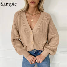 Sampic Vintage Cardigan Casual Women Khaki White Long Sleeve Knitted Sweater Tops Harajuku V Neck Sweater Oversize Autumn 2020 2024 - buy cheap