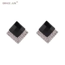 GRACE JUN Rhinestone Crytasl Square Shape Geometric Clip on Earrings for Women Fashion Vintage No Pierced Earrinnng New Arrival 2024 - buy cheap