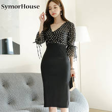 New Spring Formal Dress 2022 Women Vintage Black Dot Print Petal Sleeve Slim Office Work Pencil Dresses Autumn 2024 - buy cheap