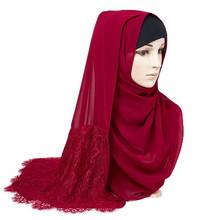 Lenço de cabeça de chiffon, de alta qualidade, elegante, decoração de renda muçulmano, hijab, turbante, cor sólida, feminino islâmico, lenço de cabeça xale 2024 - compre barato
