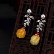 S925 Pure Silver Retro Natural Honey Wax Amber Individual Leaf Children's High-grade Earrings and Earrings 2024 - buy cheap