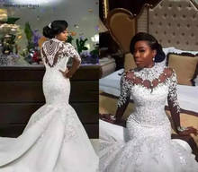 2019 Vintage Mermaid Long Sleeve Wedding Dress High Neck Lace Church Garden Western Formal Bridal Gown Plus Size Custom Made 2024 - buy cheap