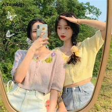 Summer T-shirts Women Chic Lovely Floral Embroidery Popular Ulzzang Preppy Girls Crop Tops V-neck Trendy Femme Clothing Popular 2024 - buy cheap