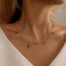HuaTang-collar de gota de agua de cristal verde bohemio para mujer, cadena de doble clavícula con cuentas doradas, joyería para el cuello 2024 - compra barato